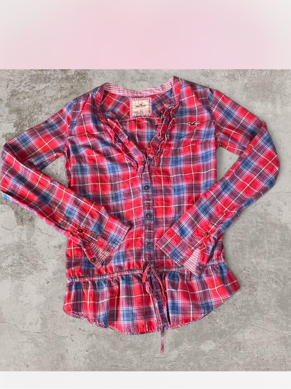 Vintage Y2K Hollister Red Blue Plaid Ruffle Peplum Button Front Blouse XS
